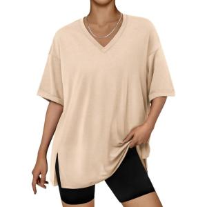 image:imageTrendy Queen Plus Size Oversized VNeck Tshirt Breathable Elastic Fabric Tunic for Workout Gym Casual Homing WearLight Khaki