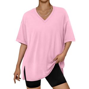 image:imageTrendy Queen Plus Size Oversized VNeck Tshirt Breathable Elastic Fabric Tunic for Workout Gym Casual Homing WearLight Pink