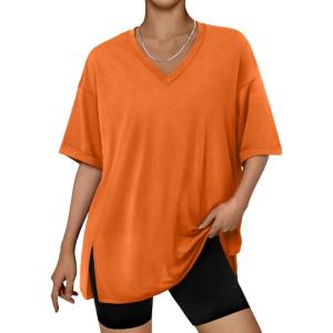 image:imageTrendy Queen Plus Size Oversized VNeck Tshirt Breathable Elastic Fabric Tunic for Workout Gym Casual Homing WearOrange