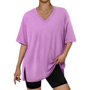 image:imageTrendy Queen Plus Size Oversized VNeck Tshirt Breathable Elastic Fabric Tunic for Workout Gym Casual Homing WearPurple