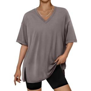 image:imageTrendy Queen Plus Size Oversized VNeck Tshirt Breathable Elastic Fabric Tunic for Workout Gym Casual Homing WearTaupe
