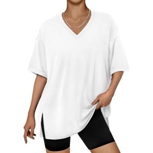 image:imageTrendy Queen Plus Size Oversized VNeck Tshirt Breathable Elastic Fabric Tunic for Workout Gym Casual Homing WearWhite