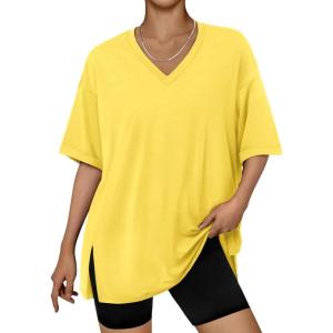 image:imageTrendy Queen Plus Size Oversized VNeck Tshirt Breathable Elastic Fabric Tunic for Workout Gym Casual Homing WearYellow