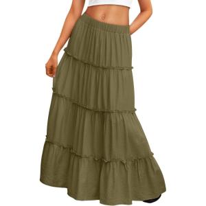 image:imageTrendy Queen Vacation Outfits Long Skirts for Women Boho Maxi Skirt Elastic High Waist Dress with Pockets FashionArmygreen
