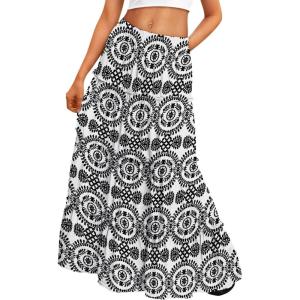 image:imageTrendy Queen Vacation Outfits Long Skirts for Women Boho Maxi Skirt Elastic High Waist Dress with Pockets FashionBlackflowersonawhiteb