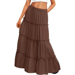image:imageTrendy Queen Vacation Outfits Long Skirts for Women Boho Maxi Skirt Elastic High Waist Dress with Pockets FashionBrown