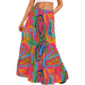 image:imageTrendy Queen Vacation Outfits Long Skirts for Women Boho Maxi Skirt Elastic High Waist Dress with Pockets FashionMulticolor