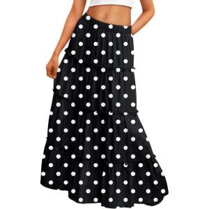 image:imageTrendy Queen Vacation Outfits Long Skirts for Women Boho Maxi Skirt Elastic High Waist Dress with Pockets FashionPolka Dotsblack