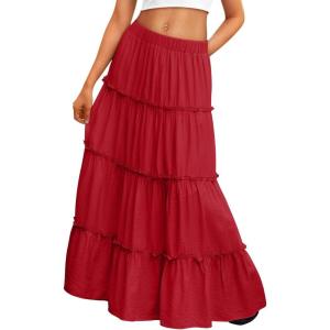 image:imageTrendy Queen Vacation Outfits Long Skirts for Women Boho Maxi Skirt Elastic High Waist Dress with Pockets FashionRed