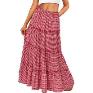 image:imageTrendy Queen Vacation Outfits Long Skirts for Women Boho Maxi Skirt Elastic High Waist Dress with Pockets FashionRed Plaid