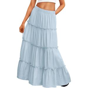 image:imageTrendy Queen Vacation Outfits Long Skirts for Women Boho Maxi Skirt Elastic High Waist Dress with Pockets FashionSkyblue