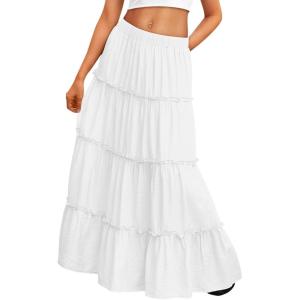 image:imageTrendy Queen Vacation Outfits Long Skirts for Women Boho Maxi Skirt Elastic High Waist Dress with Pockets FashionWhite