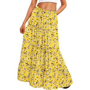image:imageTrendy Queen Vacation Outfits Long Skirts for Women Boho Maxi Skirt Elastic High Waist Dress with Pockets FashionYellow Flower