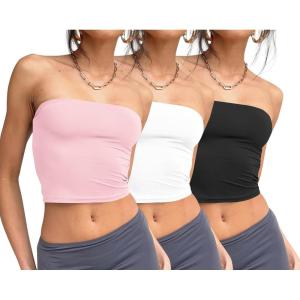 image:imageTrendy Queen Womens 3 Pack Tube Tops Crop Going Out Strapless Basic Backless Bandeau Bra Summer OutfitsBlack white pink