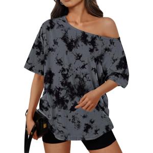 image:imageTrendy Queen Womens Off The Shoulder Tops Oversized TShirts Short Sleeve Tees Summer 2026 Casual Spring ClothesCamodarkgrey