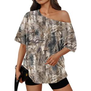 image:imageTrendy Queen Womens Off The Shoulder Tops Oversized TShirts Short Sleeve Tees Summer 2026 Casual Spring ClothesCamokhakigrey