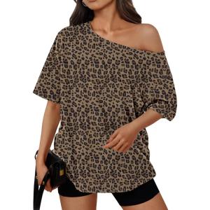 image:imageTrendy Queen Womens Off The Shoulder Tops Oversized TShirts Short Sleeve Tees Summer 2026 Casual Spring ClothesLeopardprint