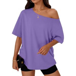 image:imageTrendy Queen Womens Off The Shoulder Tops Oversized TShirts Short Sleeve Tees Summer 2026 Casual Spring ClothesPurple
