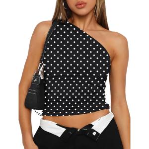 image:imageTrendy Queen Womens One Shoulder Tops  Asymmetrical Sleeveless Crop Tops Sexy Going Out amp Workout Shirts for WomenBlackdots