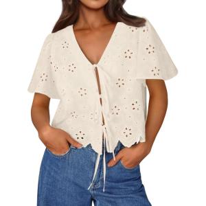 image:imageTrendy Queen Womens Summer Tops Cute Boho Blouses Beach Vacation Spring Outfits 2026 Tie Front Eyelet Embroidered ClothesApricot