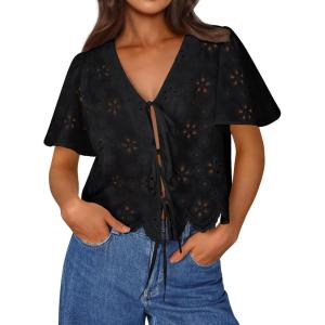 image:imageTrendy Queen Womens Summer Tops Cute Boho Blouses Beach Vacation Spring Outfits 2026 Tie Front Eyelet Embroidered ClothesBlack