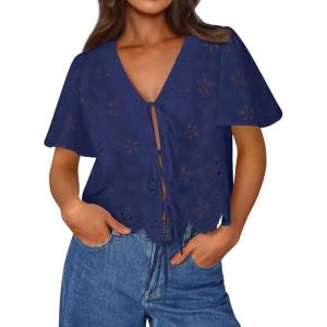 image:imageTrendy Queen Womens Summer Tops Cute Boho Blouses Beach Vacation Spring Outfits 2026 Tie Front Eyelet Embroidered ClothesDark Blue