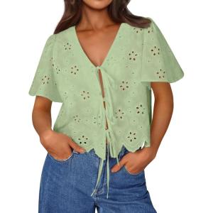 image:imageTrendy Queen Womens Summer Tops Cute Boho Blouses Beach Vacation Spring Outfits 2026 Tie Front Eyelet Embroidered ClothesLight Green