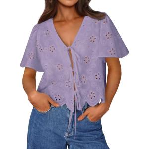 image:imageTrendy Queen Womens Summer Tops Cute Boho Blouses Beach Vacation Spring Outfits 2026 Tie Front Eyelet Embroidered ClothesLight Purple