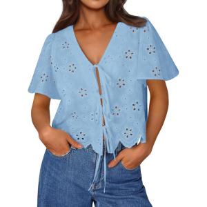 image:imageTrendy Queen Womens Summer Tops Cute Boho Blouses Beach Vacation Spring Outfits 2026 Tie Front Eyelet Embroidered ClothesLightblue