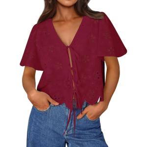 image:imageTrendy Queen Womens Summer Tops Cute Boho Blouses Beach Vacation Spring Outfits 2026 Tie Front Eyelet Embroidered ClothesWine