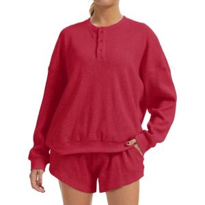 image:imageAnotherChill Womens Oversized Waffle Knit Lounge Set Long Sleeve Sweatshirt and High Waisted Shorts 2 Piece Casual OutfitBurgundy