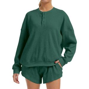 image:imageAnotherChill Womens Oversized Waffle Knit Lounge Set Long Sleeve Sweatshirt and High Waisted Shorts 2 Piece Casual OutfitPinegreen