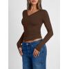 image:imageTrendy Queen Long Sleeve Shirts for Women 2026 Fall Fashion V Neck Basics Crop Tops Slim Fitted Y2K Tops Outfits ClothesChocolate Brown