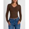 image:imageTrendy Queen Long Sleeve Shirts for Women 2026 Fall Fashion V Neck Basics Crop Tops Slim Fitted Y2K Tops Outfits ClothesChocolate Brown