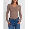 image:imageTrendy Queen Long Sleeve Shirts for Women 2026 Fall Fashion V Neck Basics Crop Tops Slim Fitted Y2K Tops Outfits ClothesCoffee Grey