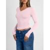 image:imageTrendy Queen Long Sleeve Shirts for Women 2026 Fall Fashion V Neck Basics Crop Tops Slim Fitted Y2K Tops Outfits ClothesPink