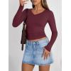 image:imageTrendy Queen Long Sleeve Shirts for Women 2026 Fall Fashion V Neck Basics Crop Tops Slim Fitted Y2K Tops Outfits ClothesWine Red