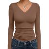 image:imageTrendy Queen Long Sleeve Shirts for Women 2026 Fall Fashion V Neck Basics Crop Tops Slim Fitted Y2K Tops Outfits ClothesBrown