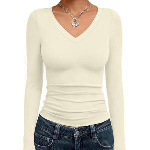 image:imageTrendy Queen Long Sleeve Shirts for Women 2026 Fall Fashion V Neck Basics Crop Tops Slim Fitted Y2K Tops Outfits ClothesApricot