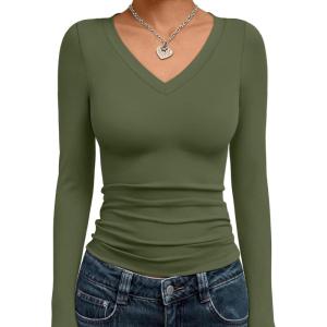 image:imageTrendy Queen Long Sleeve Shirts for Women 2026 Fall Fashion V Neck Basics Crop Tops Slim Fitted Y2K Tops Outfits ClothesArmy Green