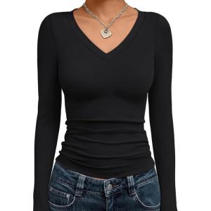 image:imageTrendy Queen Long Sleeve Shirts for Women 2026 Fall Fashion V Neck Basics Crop Tops Slim Fitted Y2K Tops Outfits ClothesBlack