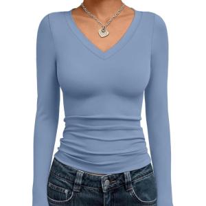 image:imageTrendy Queen Long Sleeve Shirts for Women 2026 Fall Fashion V Neck Basics Crop Tops Slim Fitted Y2K Tops Outfits ClothesBlue Gray