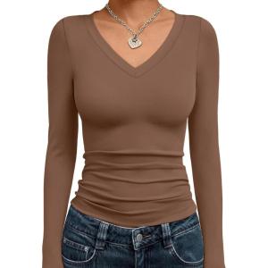 image:imageTrendy Queen Long Sleeve Shirts for Women 2026 Fall Fashion V Neck Basics Crop Tops Slim Fitted Y2K Tops Outfits ClothesBrown