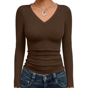 image:imageTrendy Queen Long Sleeve Shirts for Women 2026 Fall Fashion V Neck Basics Crop Tops Slim Fitted Y2K Tops Outfits ClothesChocolate Brown