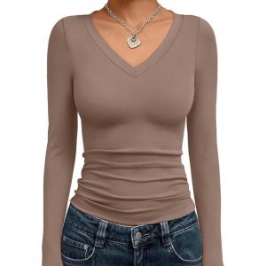 image:imageTrendy Queen Long Sleeve Shirts for Women 2026 Fall Fashion V Neck Basics Crop Tops Slim Fitted Y2K Tops Outfits ClothesCoffee Grey
