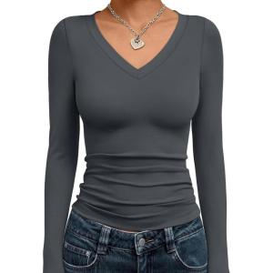 image:imageTrendy Queen Long Sleeve Shirts for Women 2026 Fall Fashion V Neck Basics Crop Tops Slim Fitted Y2K Tops Outfits ClothesGray
