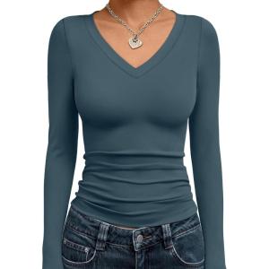 image:imageTrendy Queen Long Sleeve Shirts for Women 2026 Fall Fashion V Neck Basics Crop Tops Slim Fitted Y2K Tops Outfits ClothesHaze Blue