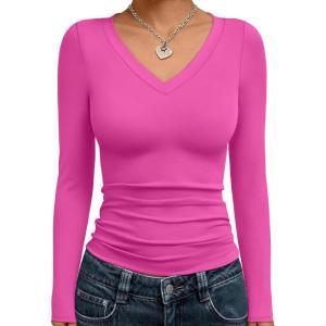 image:imageTrendy Queen Long Sleeve Shirts for Women 2026 Fall Fashion V Neck Basics Crop Tops Slim Fitted Y2K Tops Outfits ClothesHot Pink