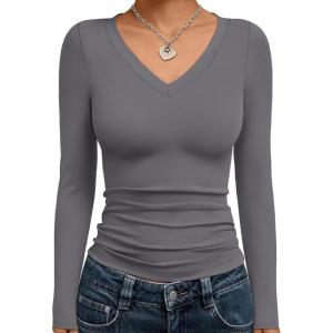 image:imageTrendy Queen Long Sleeve Shirts for Women 2026 Fall Fashion V Neck Basics Crop Tops Slim Fitted Y2K Tops Outfits ClothesLight Gray