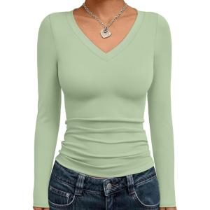 image:imageTrendy Queen Long Sleeve Shirts for Women 2026 Fall Fashion V Neck Basics Crop Tops Slim Fitted Y2K Tops Outfits ClothesLight Green